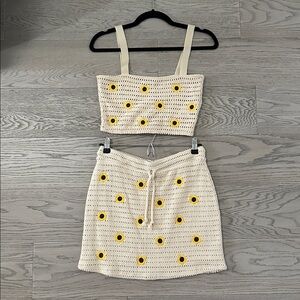 Zara Cream Co-ord Crochet Crop Top and Skirt with Yellow Floral Details